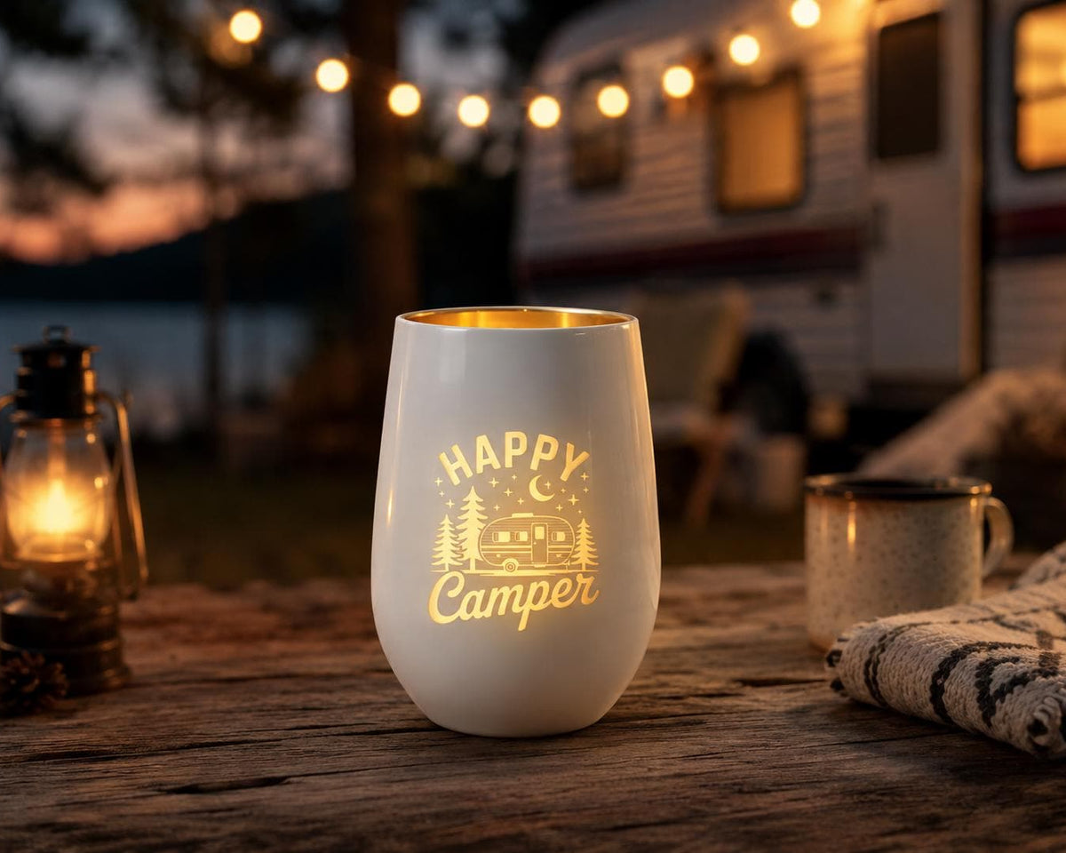 Windlicht Camper Happy Camper | Camping Deko mit Gold | Geschenk für Camper & Wohnwagen Fans | Gemütliche Camping Tischdeko