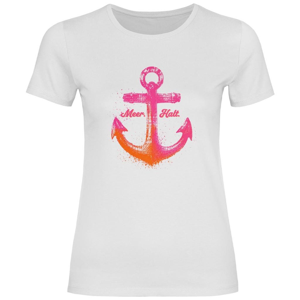 Maritimes Damen T-Shirt „Meer. Halt.“ | Anker Print in Pink & Orange | in weiß, rosa oder navy