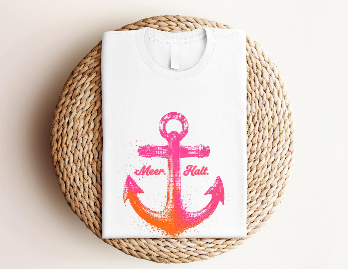 Maritimes Damen T-Shirt „Meer. Halt.“ | Anker Print in Pink & Orange | in weiß, rosa oder navy