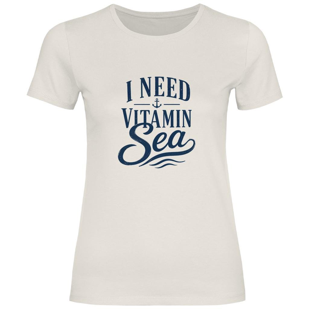 Damen T-Shirt "I Need Vitamin Sea" – maritimes Shirt für Strand, Urlaub & Meerliebhaber | weiß, natur, rosa, hellblau