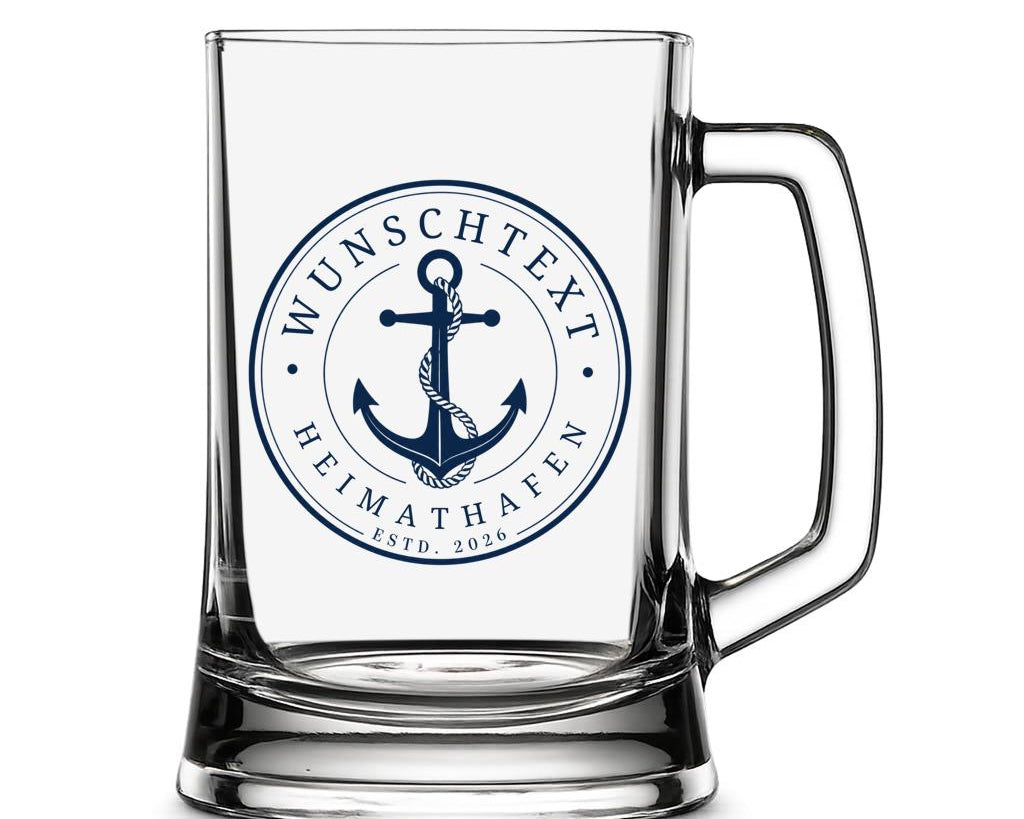 Personalisierter Bierkrug mit Anker – maritimes Geschenk mit Wunschtext, Heimathafen und Jahr – Bierglas 0,5 l