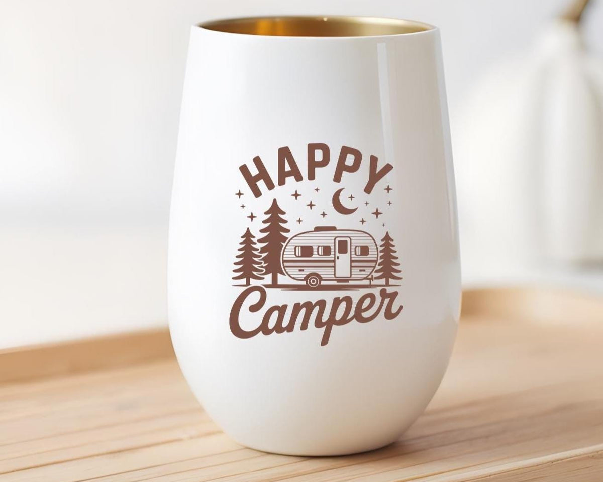 Windlicht Camper Happy Camper | Camping Deko mit Gold | Geschenk für Camper & Wohnwagen Fans | Gemütliche Camping Tischdeko