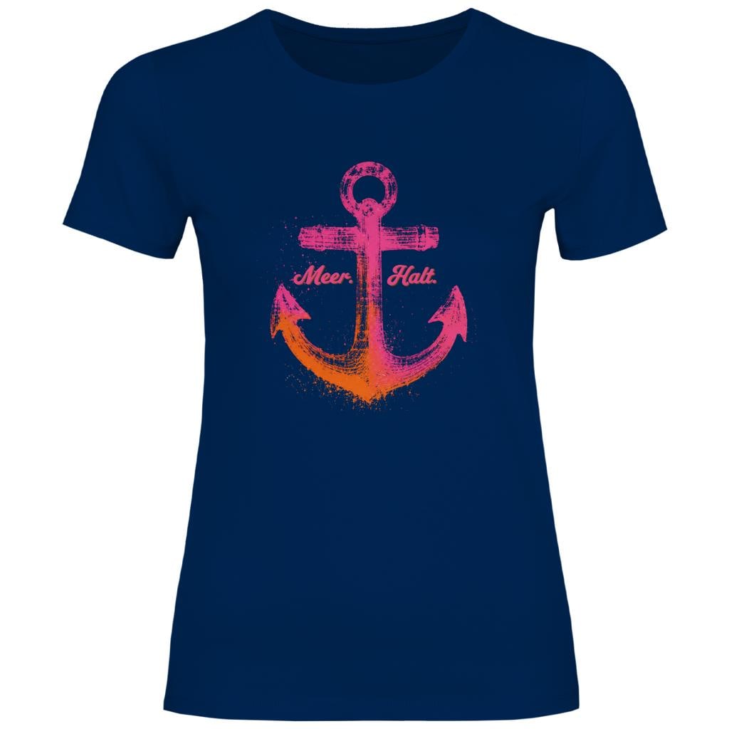 Maritimes Damen T-Shirt „Meer. Halt.“ | Anker Print in Pink & Orange | in weiß, rosa oder navy