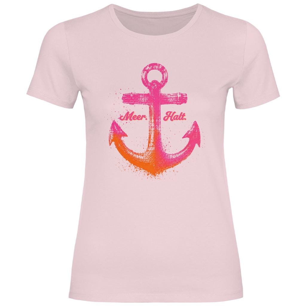 Maritimes Damen T-Shirt „Meer. Halt.“ | Anker Print in Pink & Orange | in weiß, rosa oder navy