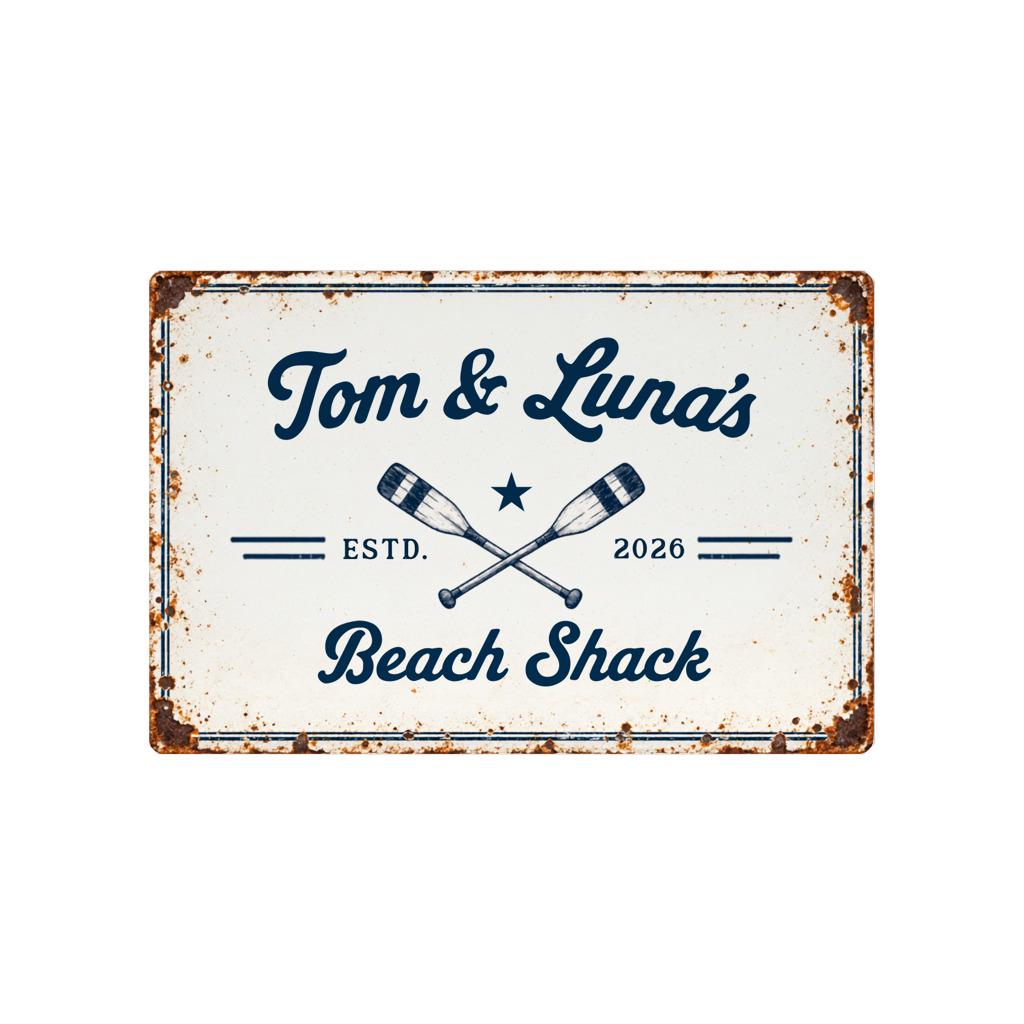 Personalisiertes Blechschild maritim | Beach Shack Schild mit Namen und Jahreszahl | Geschenk für Paare, Camper und Küstenfans