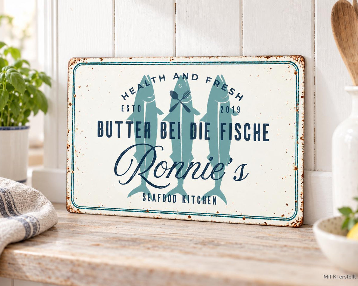 Personalisiertes Blechschild Küche 30 × 20 cm | Butter bei die Fische | maritimes Küchenschild mit Name und Jahreszahl