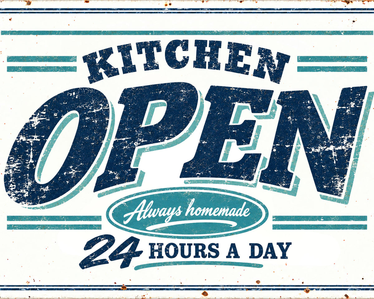 Blechschild Kitchen Open | Schild Küche 30 × 20 cm | originelles Vintage Küchenschild | Shabby Chic Retro Style
