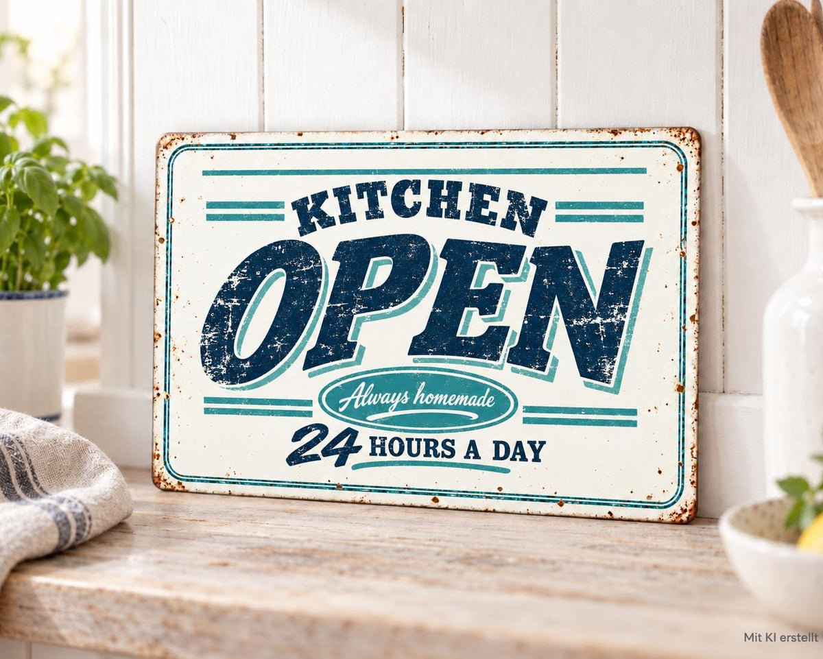 Blechschild Kitchen Open | Schild Küche 30 × 20 cm | originelles Vintage Küchenschild | Shabby Chic Retro Style