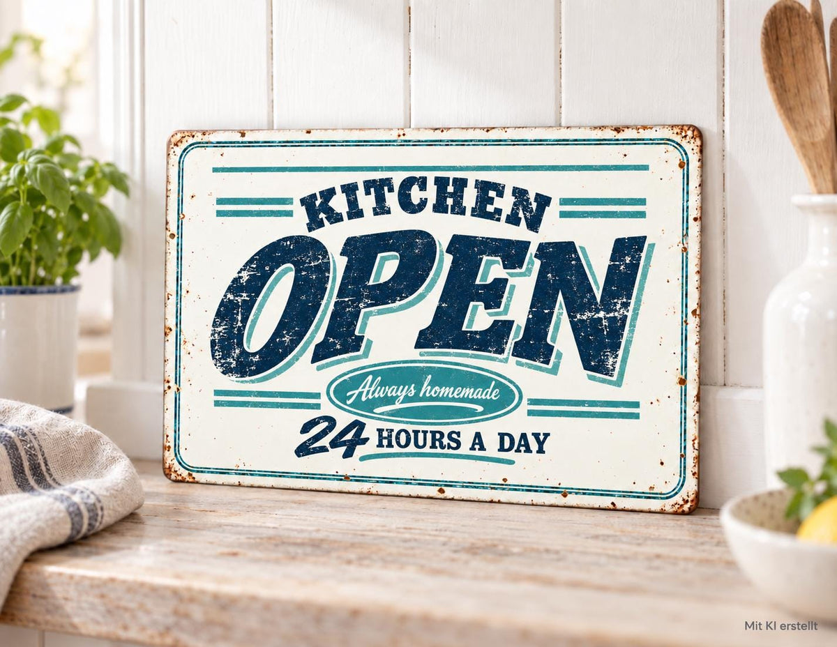 Blechschild Kitchen Open | Schild Küche 30 × 20 cm | originelles Vintage Küchenschild | Shabby Chic Retro Style
