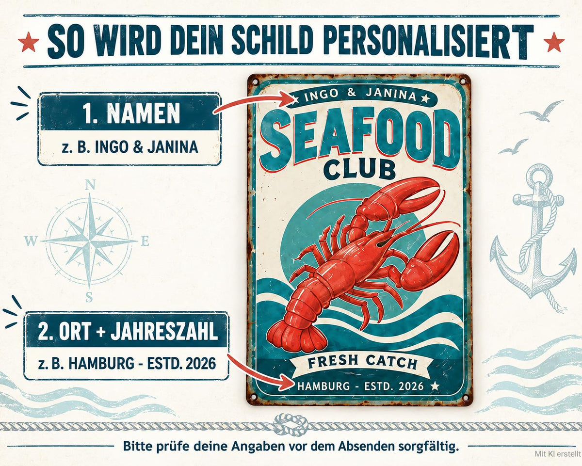 Personalisiertes Blechschild „Seafood Club“ mit Namen und Ort | 20 x 30 cm