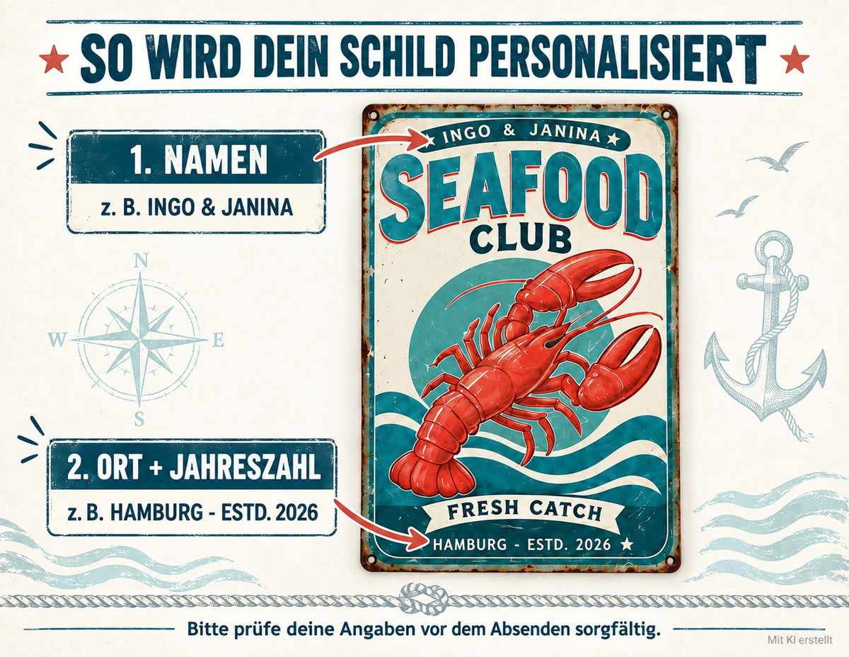 Personalisiertes Blechschild „Seafood Club“ mit Namen und Ort | 20 x 30 cm