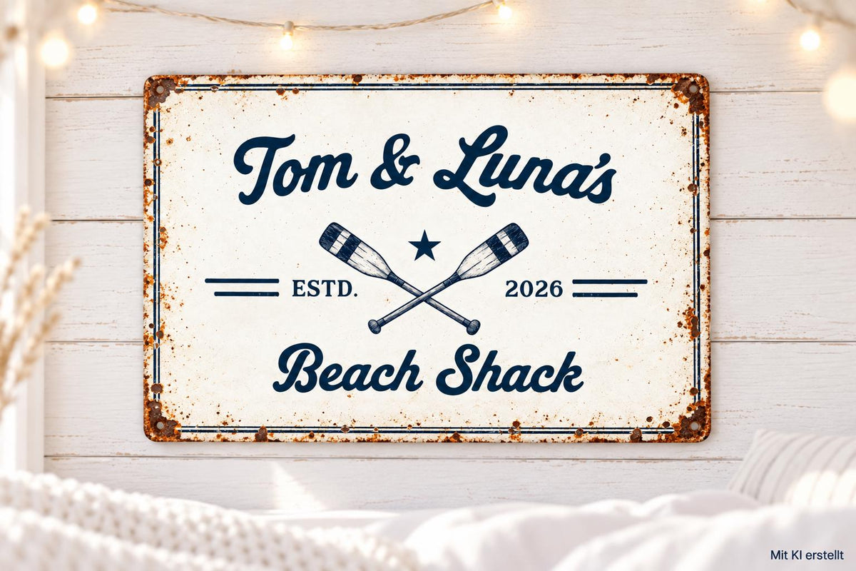 Personalisiertes Blechschild maritim | Beach Shack Schild mit Namen und Jahreszahl | Geschenk für Paare, Camper und Küstenfans