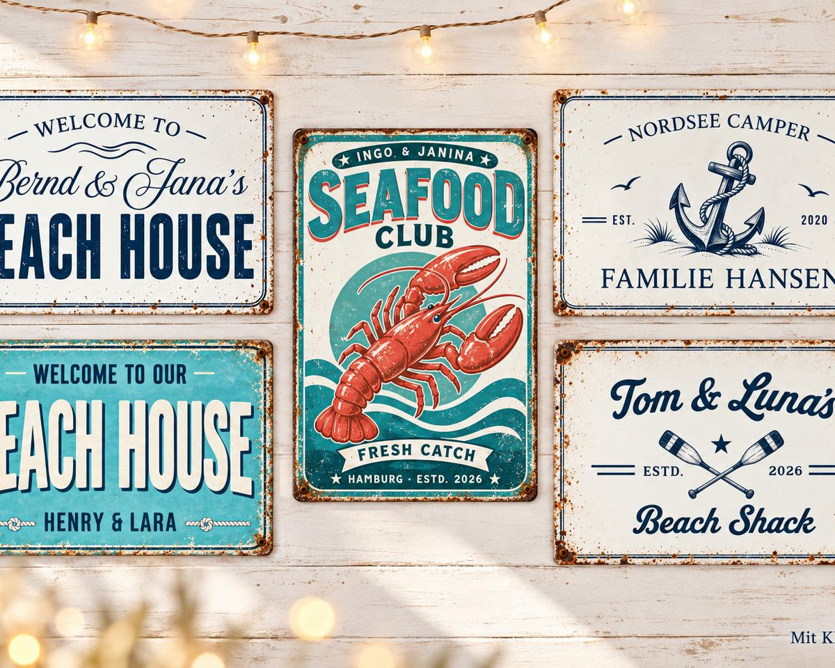 Personalisiertes Blechschild maritim | Beach Shack Schild mit Namen und Jahreszahl | Geschenk für Paare, Camper und Küstenfans
