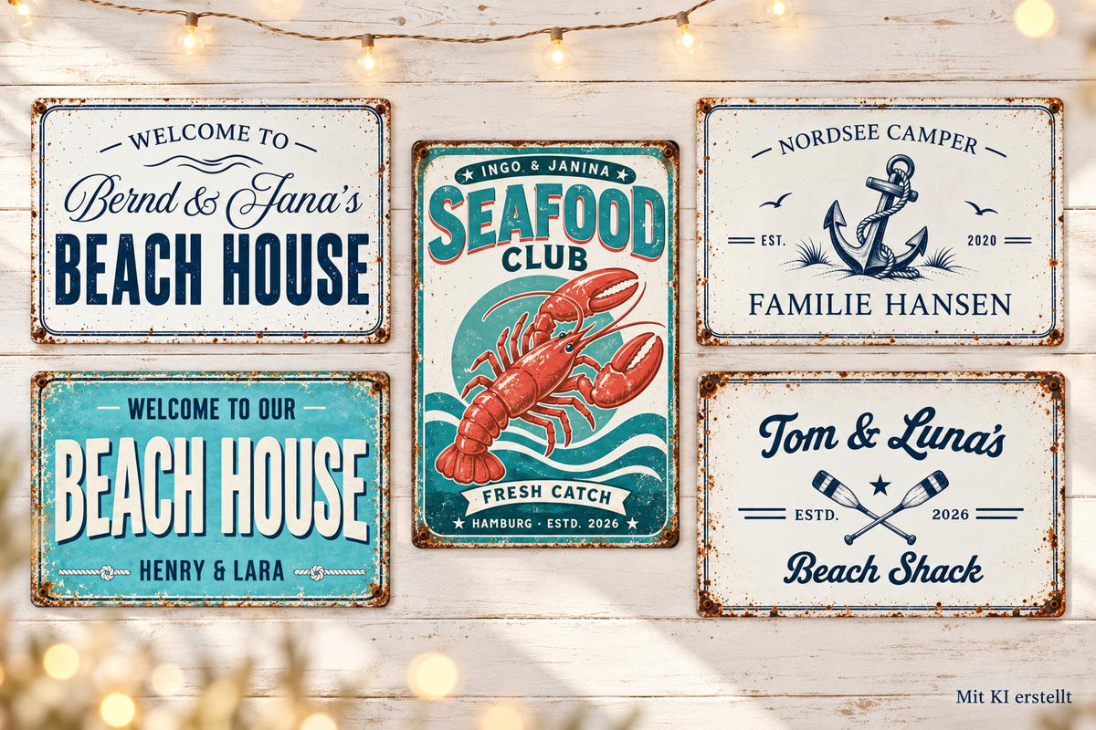 Personalisiertes Blechschild maritim | Beach Shack Schild mit Namen und Jahreszahl | Geschenk für Paare, Camper und Küstenfans
