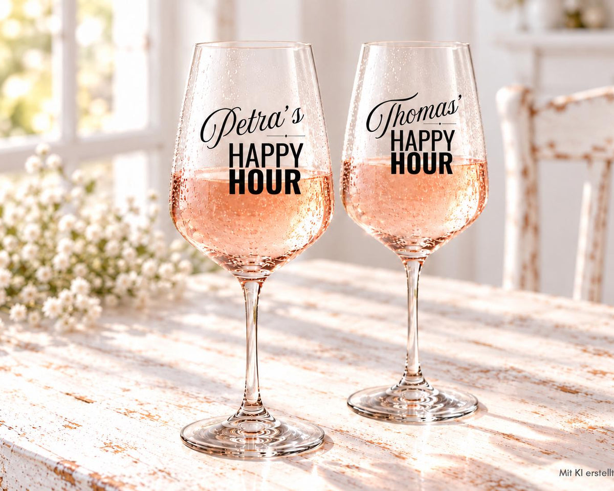 Personalisiertes Weinglas „Happy Hour“ | schönes Geschenk für Paare | Weingläser bedruckt mit Namen