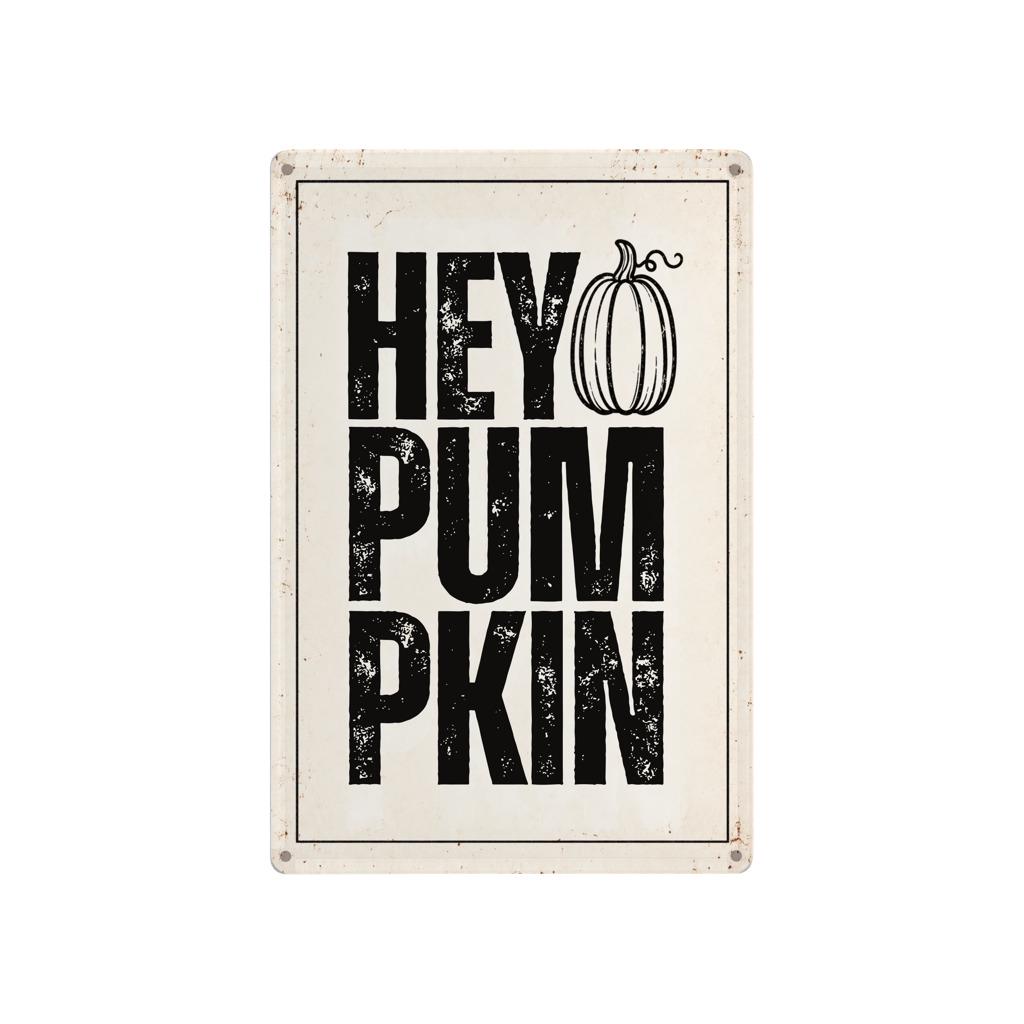 HEY PUMPKIN Metallschild Vintage | Herbstdeko für Küche & Landhaus | Weißes Blechschild mit Kürbis | Shabby Chic Wanddeko