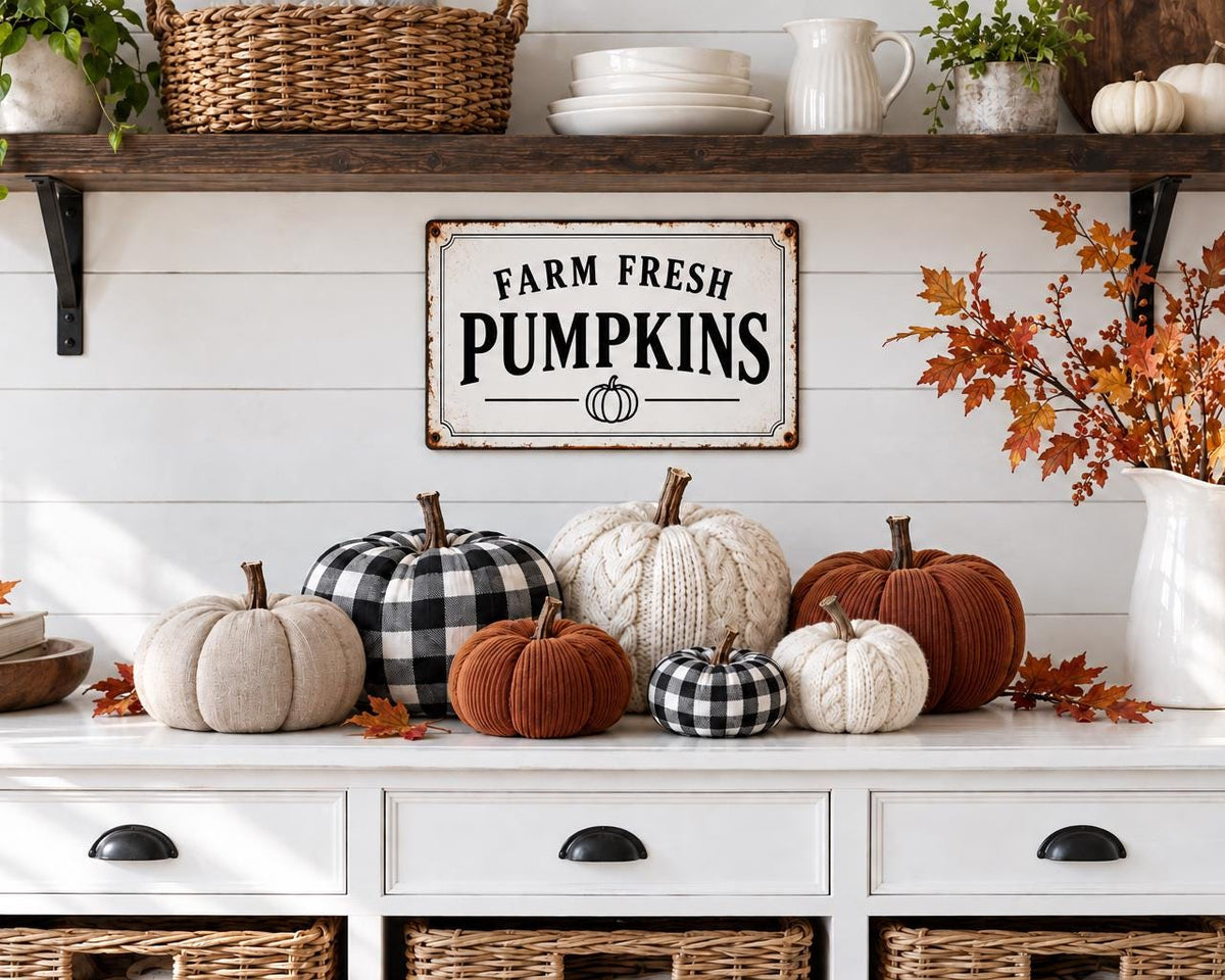 HEY PUMPKIN Metallschild Vintage | Herbstdeko für Küche & Landhaus | Weißes Blechschild mit Kürbis | Shabby Chic Wanddeko