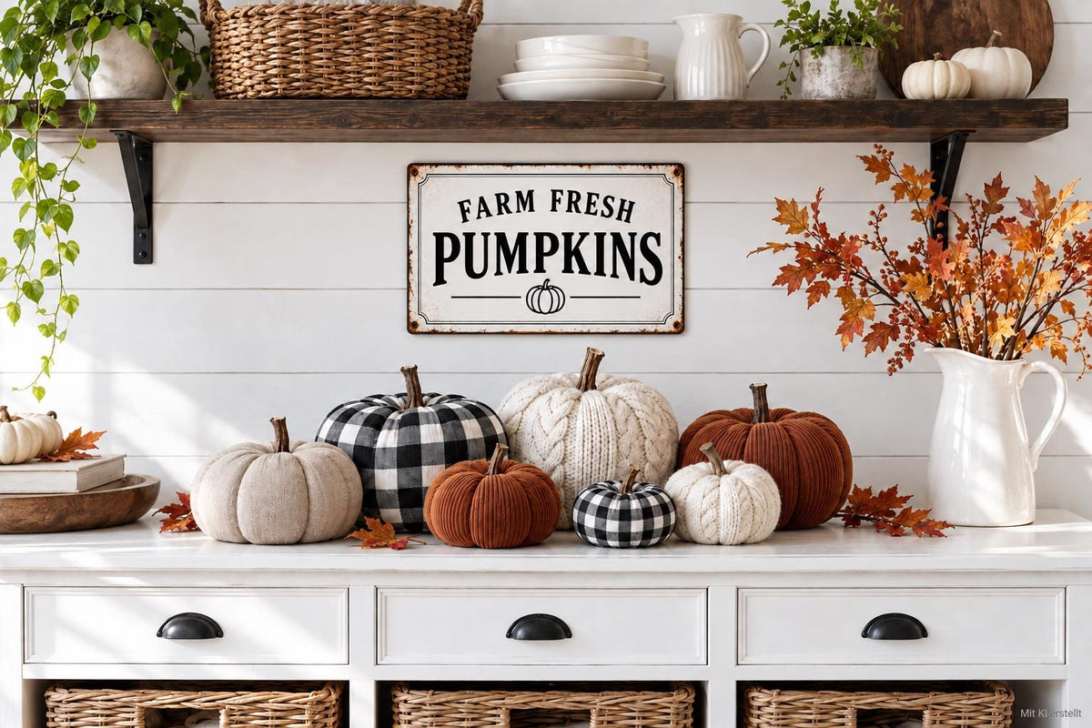 HEY PUMPKIN Metallschild Vintage | Herbstdeko für Küche & Landhaus | Weißes Blechschild mit Kürbis | Shabby Chic Wanddeko