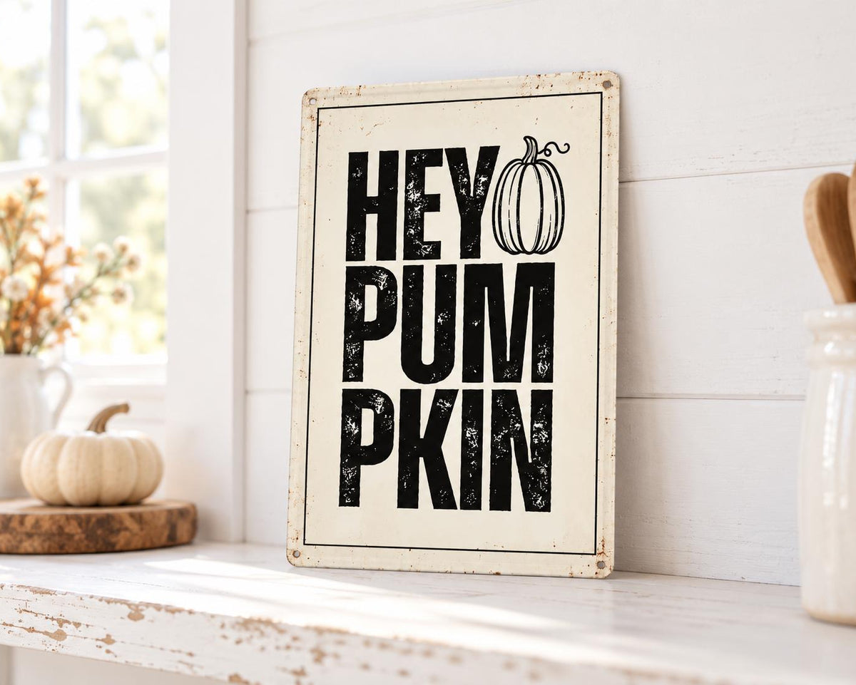 HEY PUMPKIN Metallschild Vintage | Herbstdeko für Küche & Landhaus | Weißes Blechschild mit Kürbis | Shabby Chic Wanddeko
