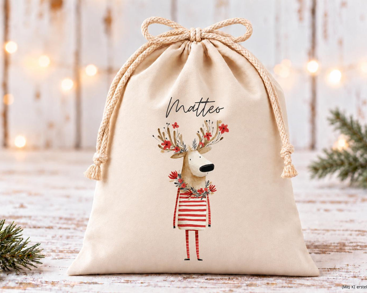 Personalisierter Geschenkbeutel mit Rentier-Motiv als Verpackung für Nikolaus, Wichteln, Weihnachten | 3 Größen | 12 Motive