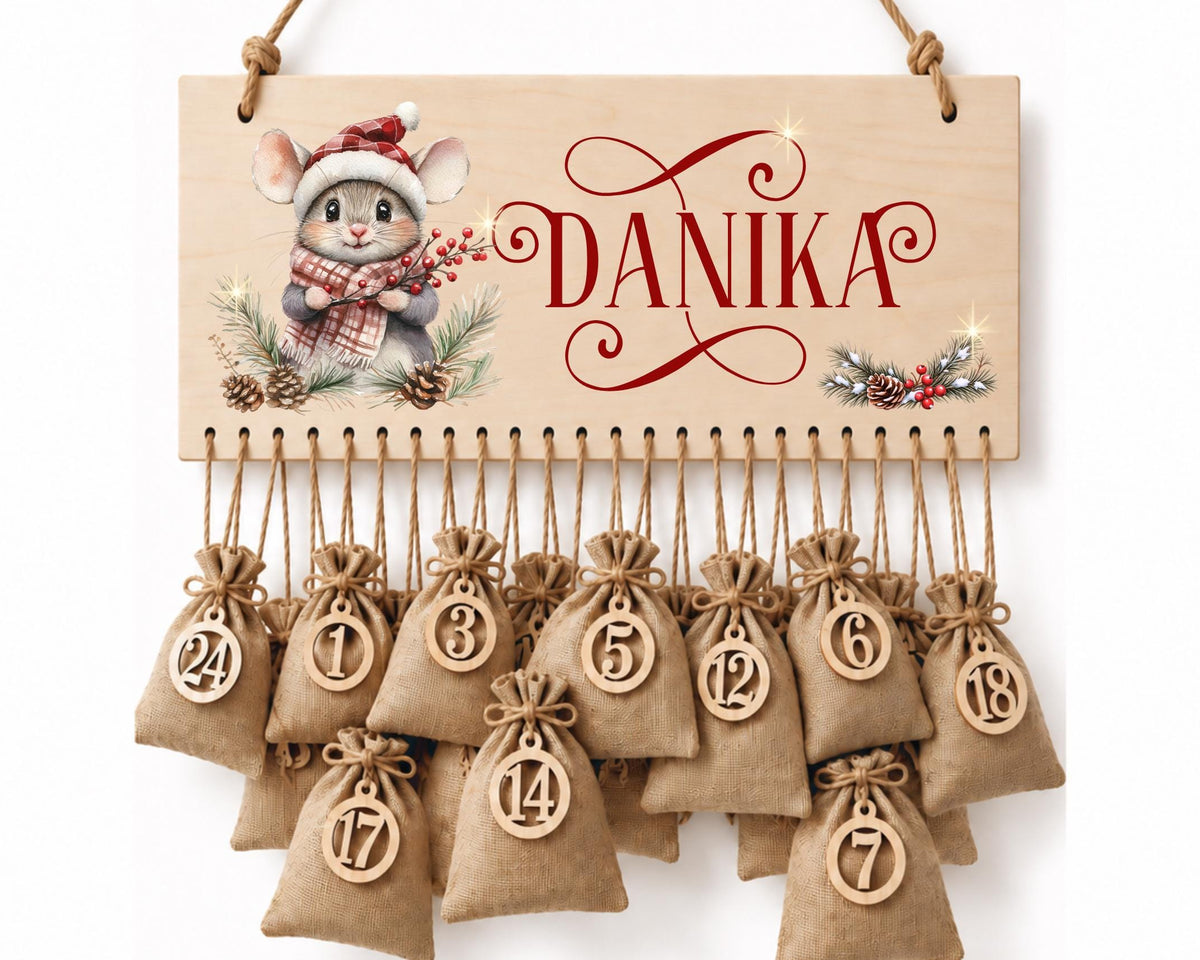 Personalisierbarer Adventskalender aus Holz | mit niedlichen Weihnachts-Mäusen – wiederverwendbar & liebevoll befüllbar