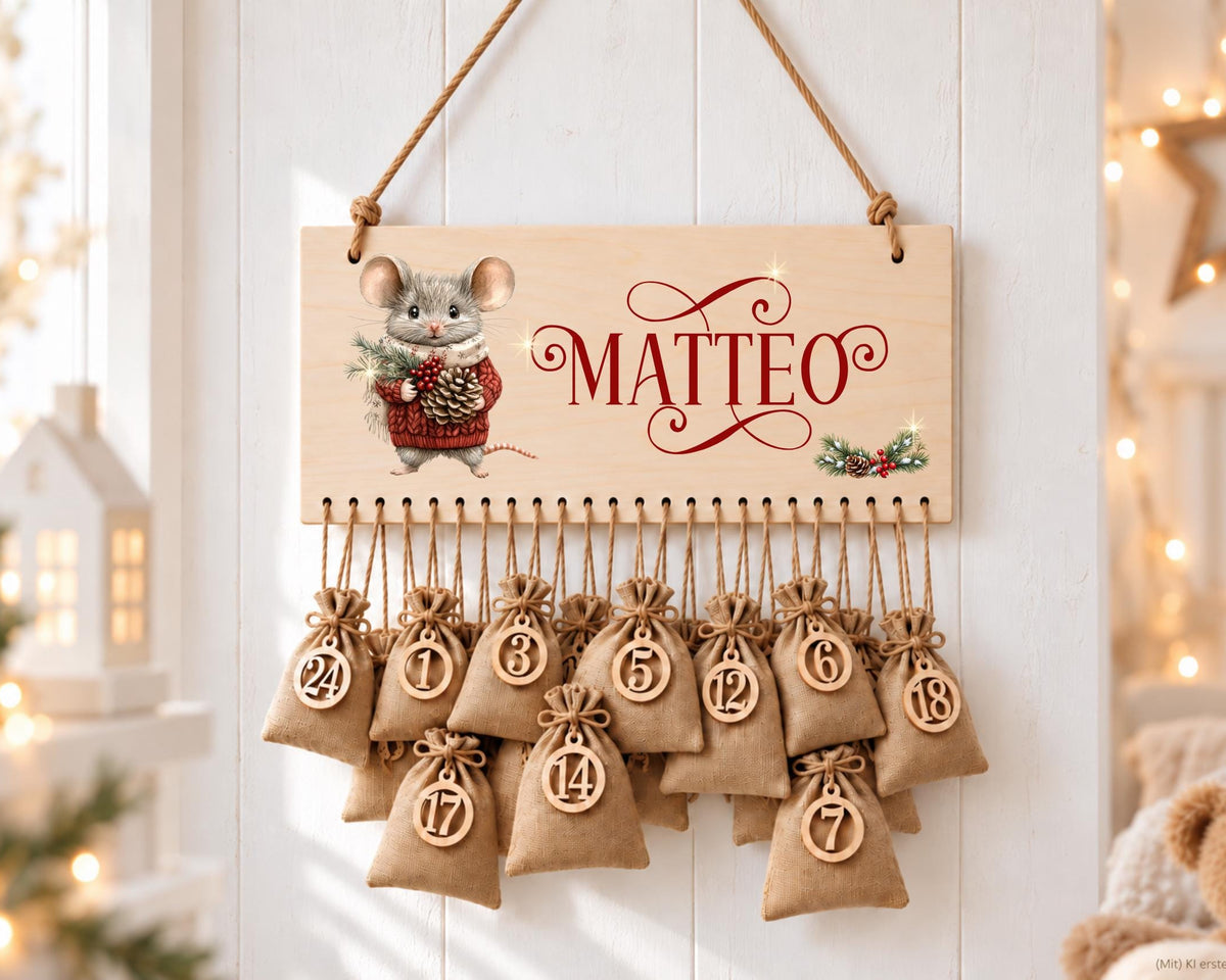 Personalisierbarer Adventskalender aus Holz | mit niedlichen Weihnachts-Mäusen – wiederverwendbar & liebevoll befüllbar
