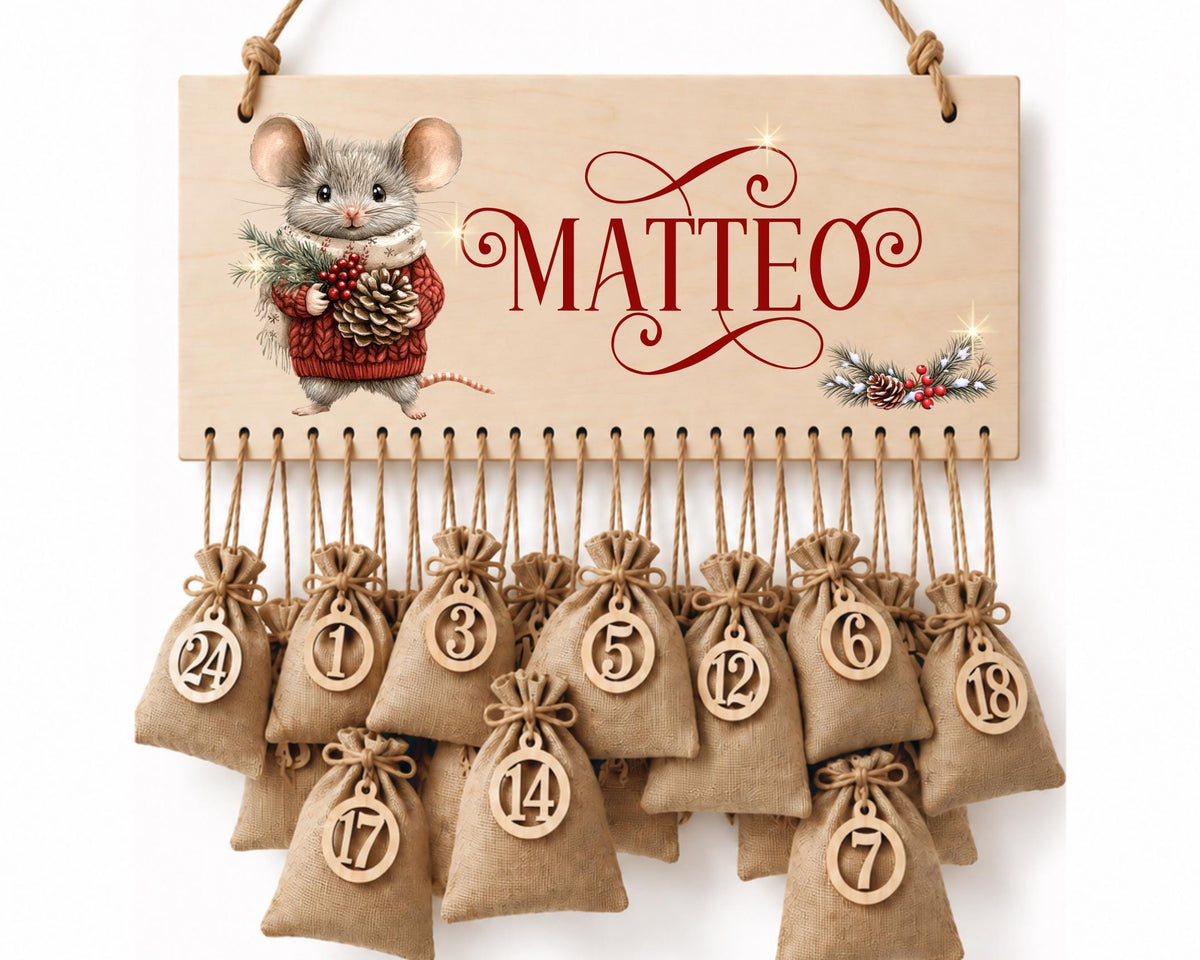 Personalisierbarer Adventskalender aus Holz | mit niedlichen Weihnachts-Mäusen – wiederverwendbar & liebevoll befüllbar