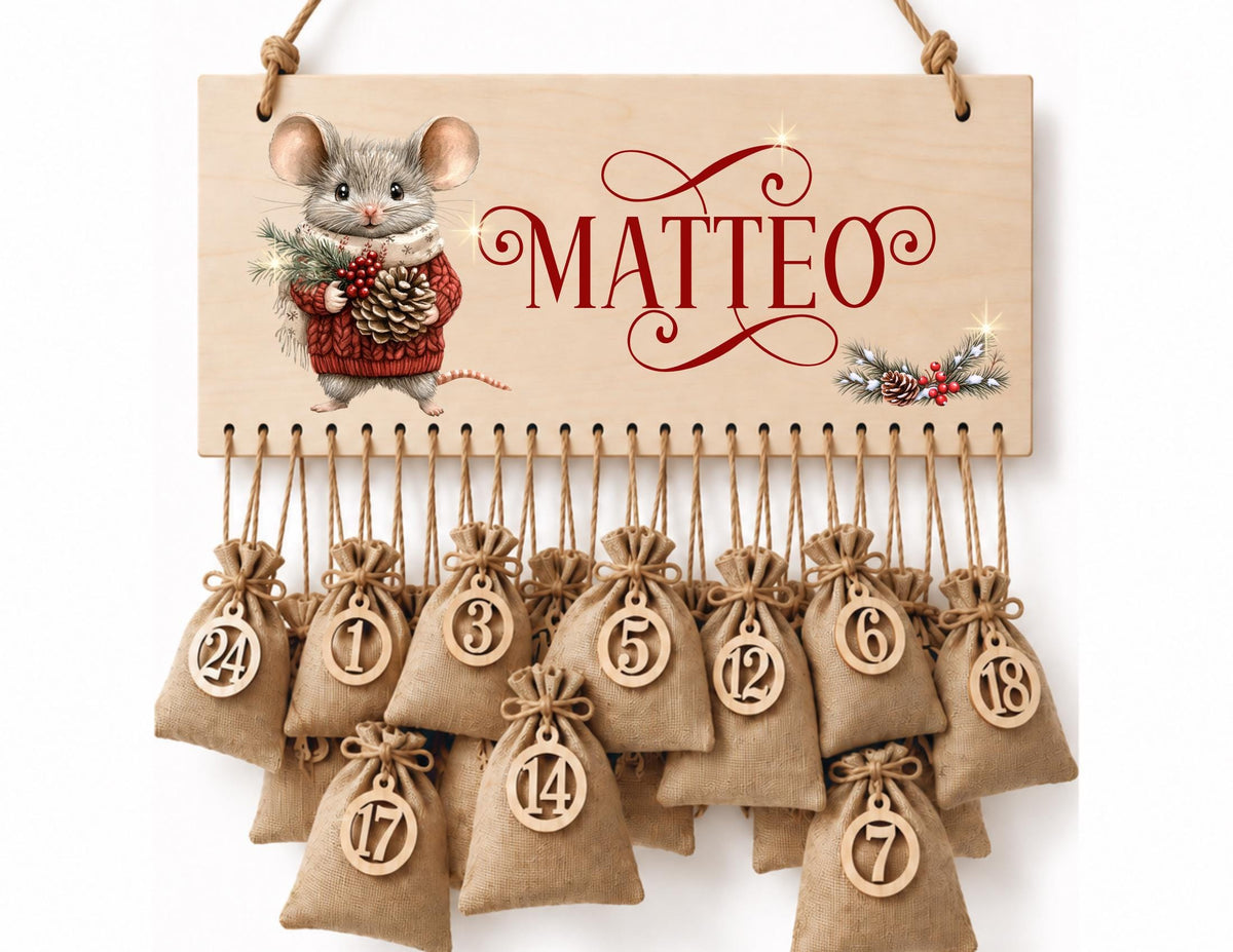 Personalisierbarer Adventskalender aus Holz | mit niedlichen Weihnachts-Mäusen – wiederverwendbar & liebevoll befüllbar