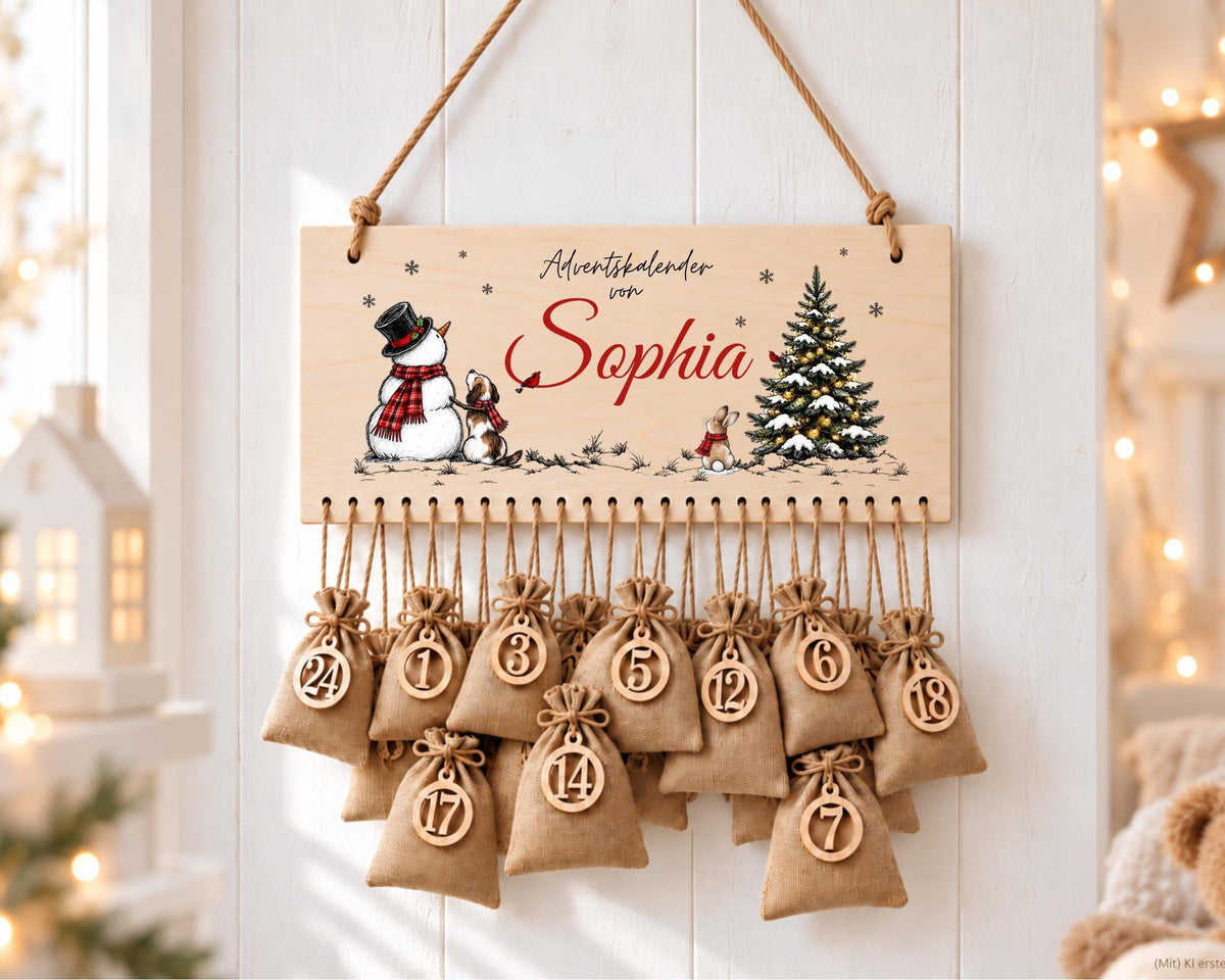Personalisierbarer Adventskalender aus Holz | Schneemann und Waldtiere | wiederverwendbar & liebevoll befüllbar