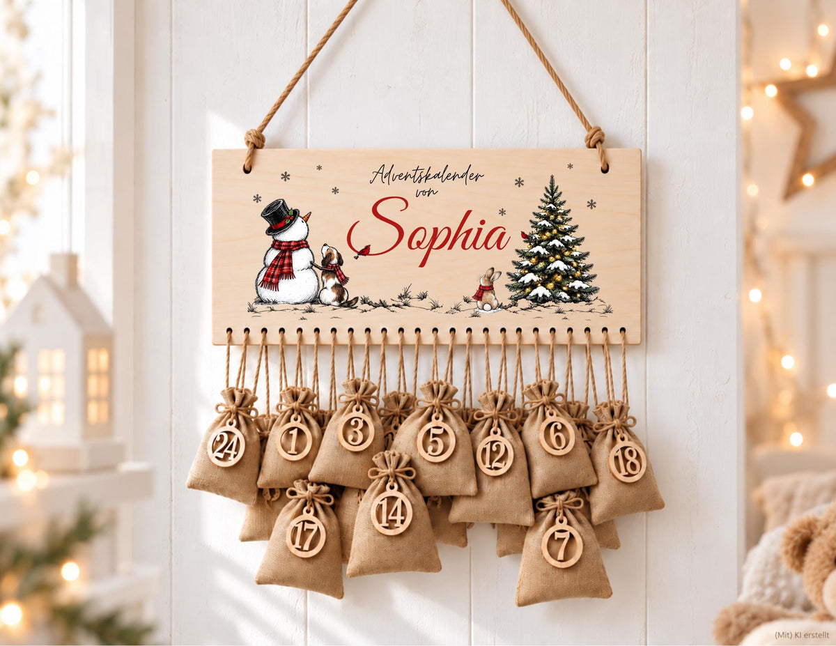 Personalisierbarer Adventskalender aus Holz | Schneemann und Waldtiere | wiederverwendbar & liebevoll befüllbar