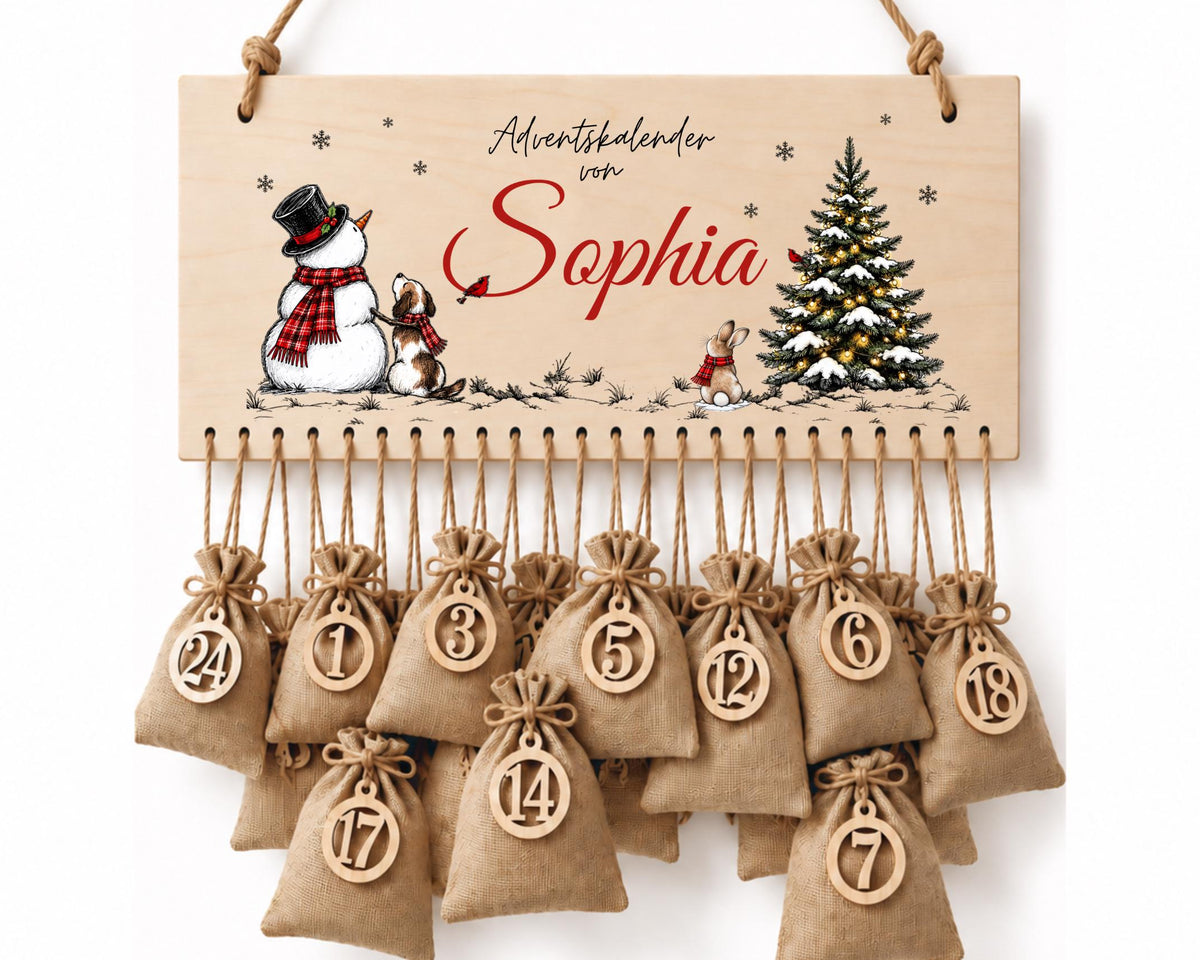 Personalisierbarer Adventskalender aus Holz | Schneemann und Waldtiere | wiederverwendbar & liebevoll befüllbar