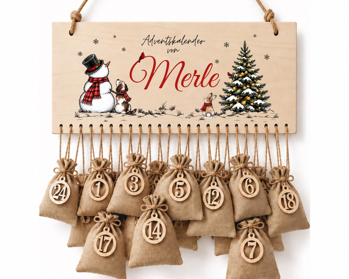 Personalisierbarer Adventskalender aus Holz | Schneemann und Waldtiere | wiederverwendbar & liebevoll befüllbar