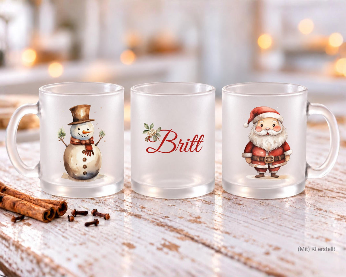 Personalisierte satinierte Glastasse | niedliche Weihnachtsmotive und dein Name | Teetasse