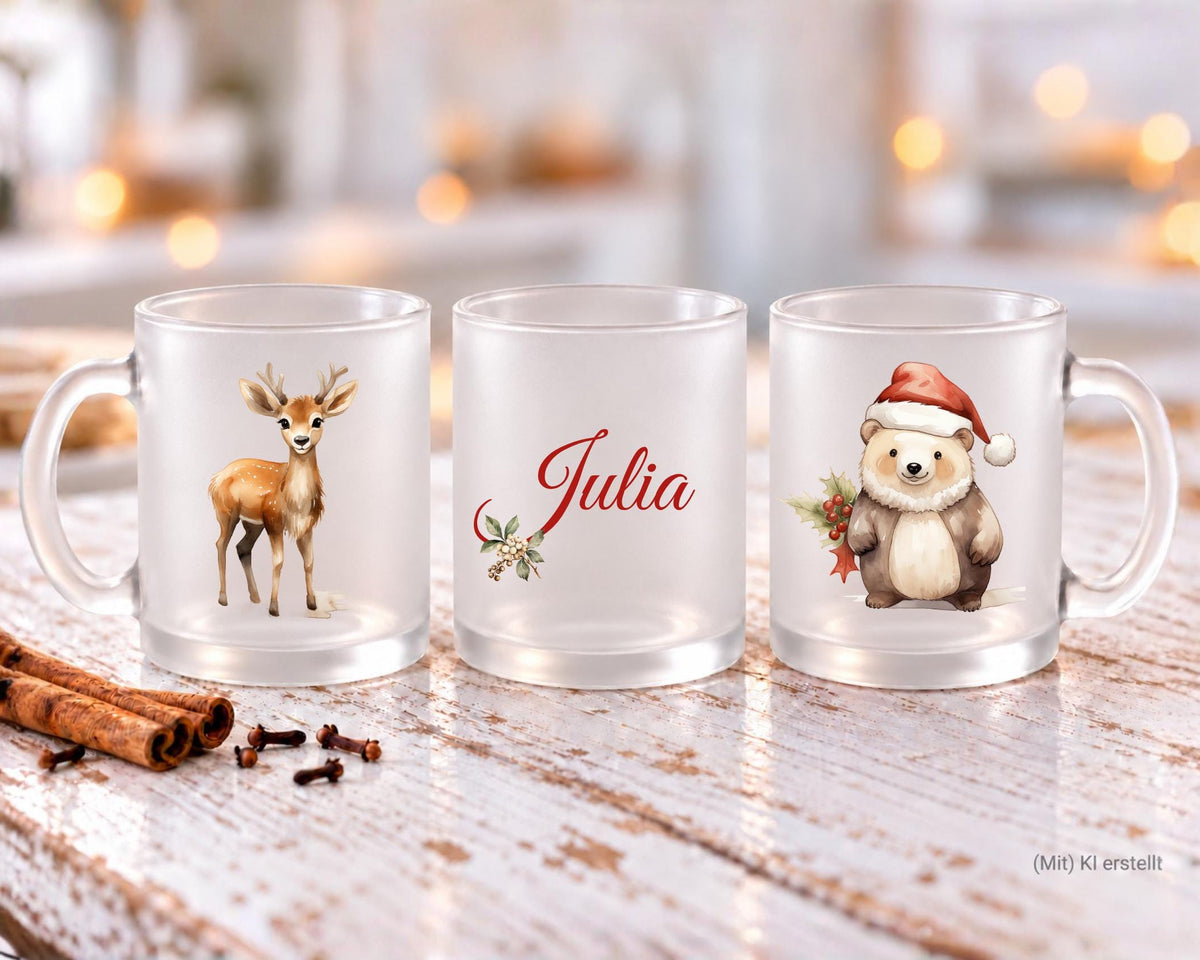 Personalisierte satinierte Glastasse | niedliche Weihnachtsmotive und dein Name | Teetasse
