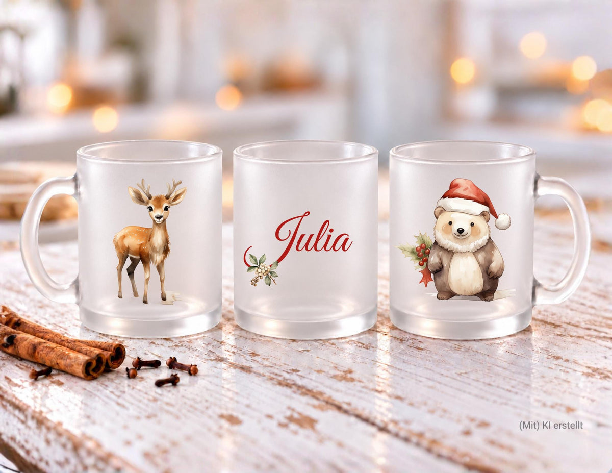 Personalisierte satinierte Glastasse | niedliche Weihnachtsmotive und dein Name | Teetasse