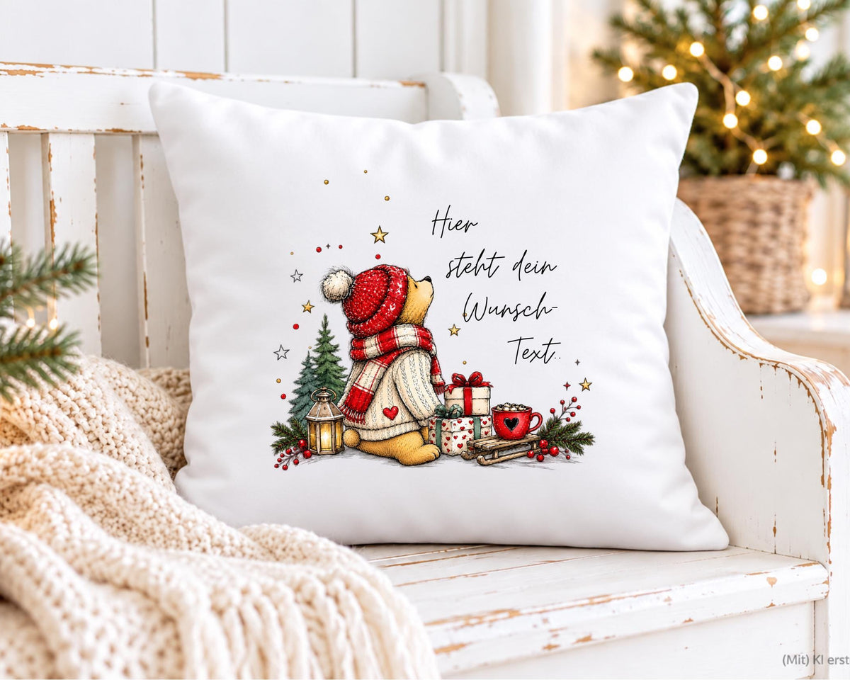 Personalisiertes Weihnachtskissen mit Bärchen – Kuschelkissen mit Wunschtext, Geschenk für Oma, Mama oder Familie | mit Füllung