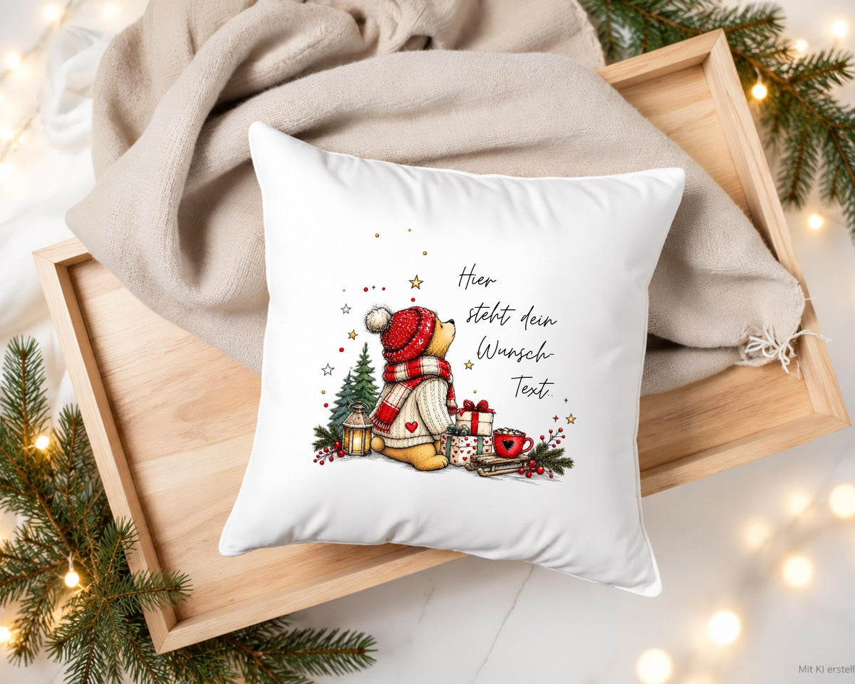 Personalisiertes Weihnachtskissen mit Bärchen – Kuschelkissen mit Wunschtext, Geschenk für Oma, Mama oder Familie | mit Füllung