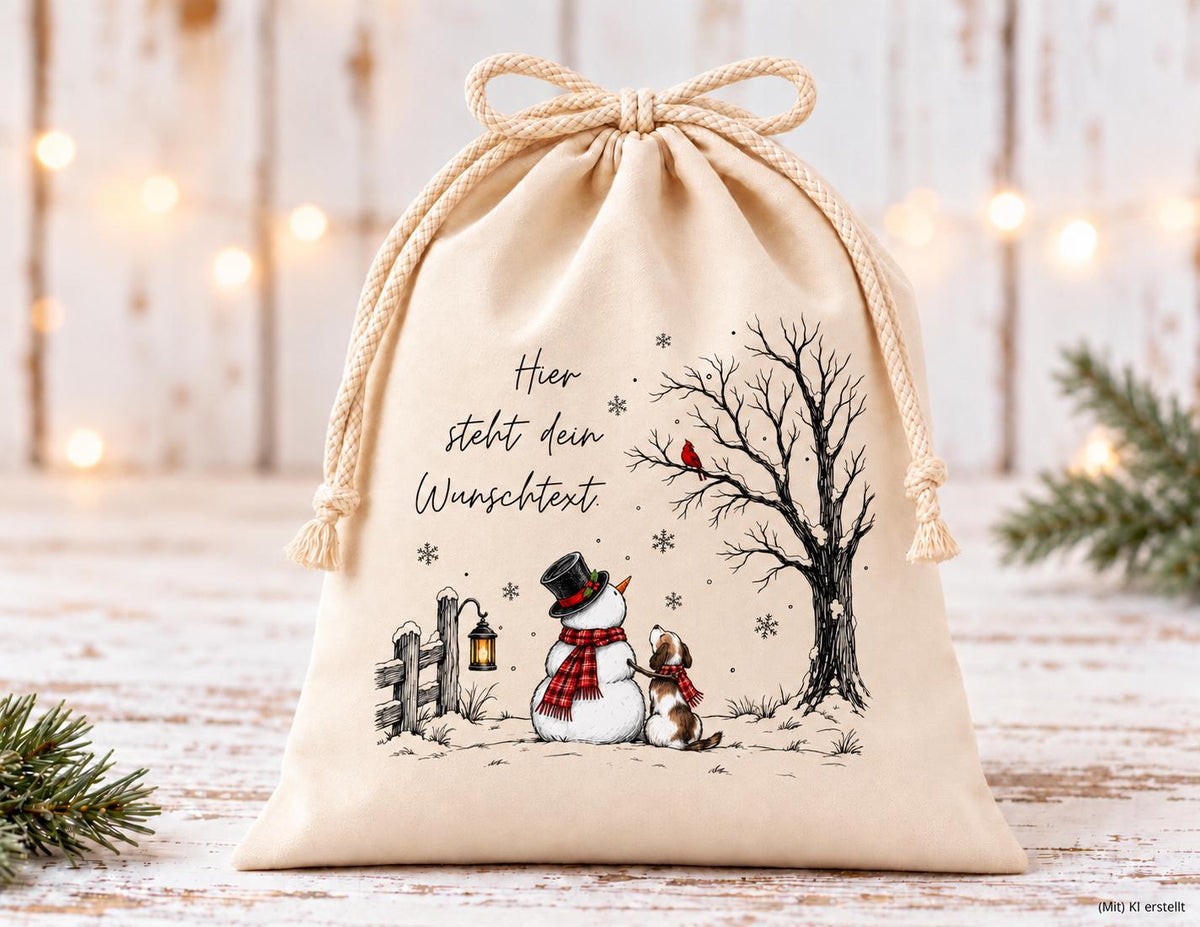 Personalisierter Geschenkbeutel mit Schneemann | liebevolle Verpackung für Überraschungen zum Nikolaus, Wichteln, Weihnachten | in 3 Größen