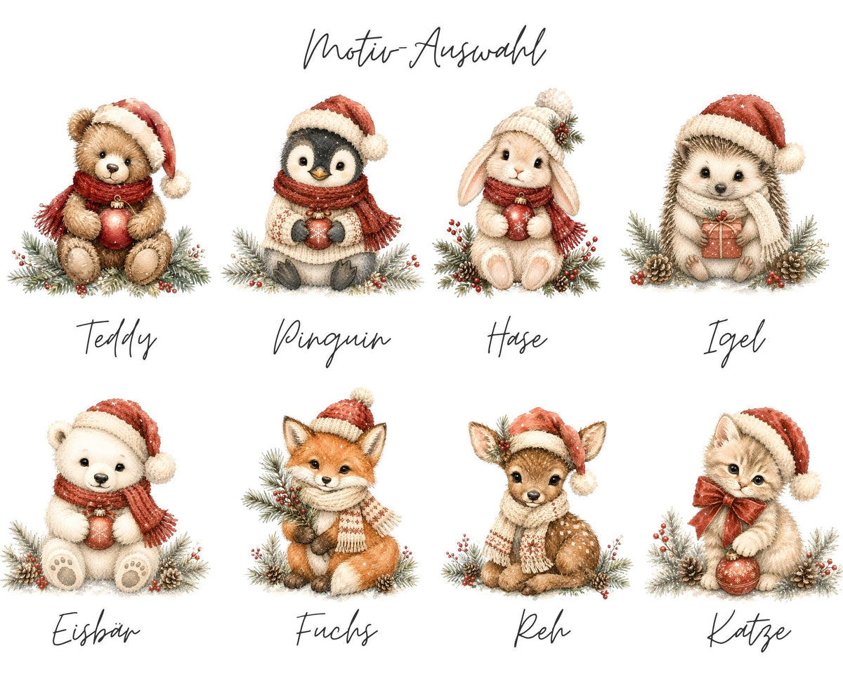 Personalisierter Geschenkbeutel mit weihnachtlichem Tier-Motiv als Verpackung für Nikolaus, Wichteln, Weihnachten | 3 Größen | 8 Motive
