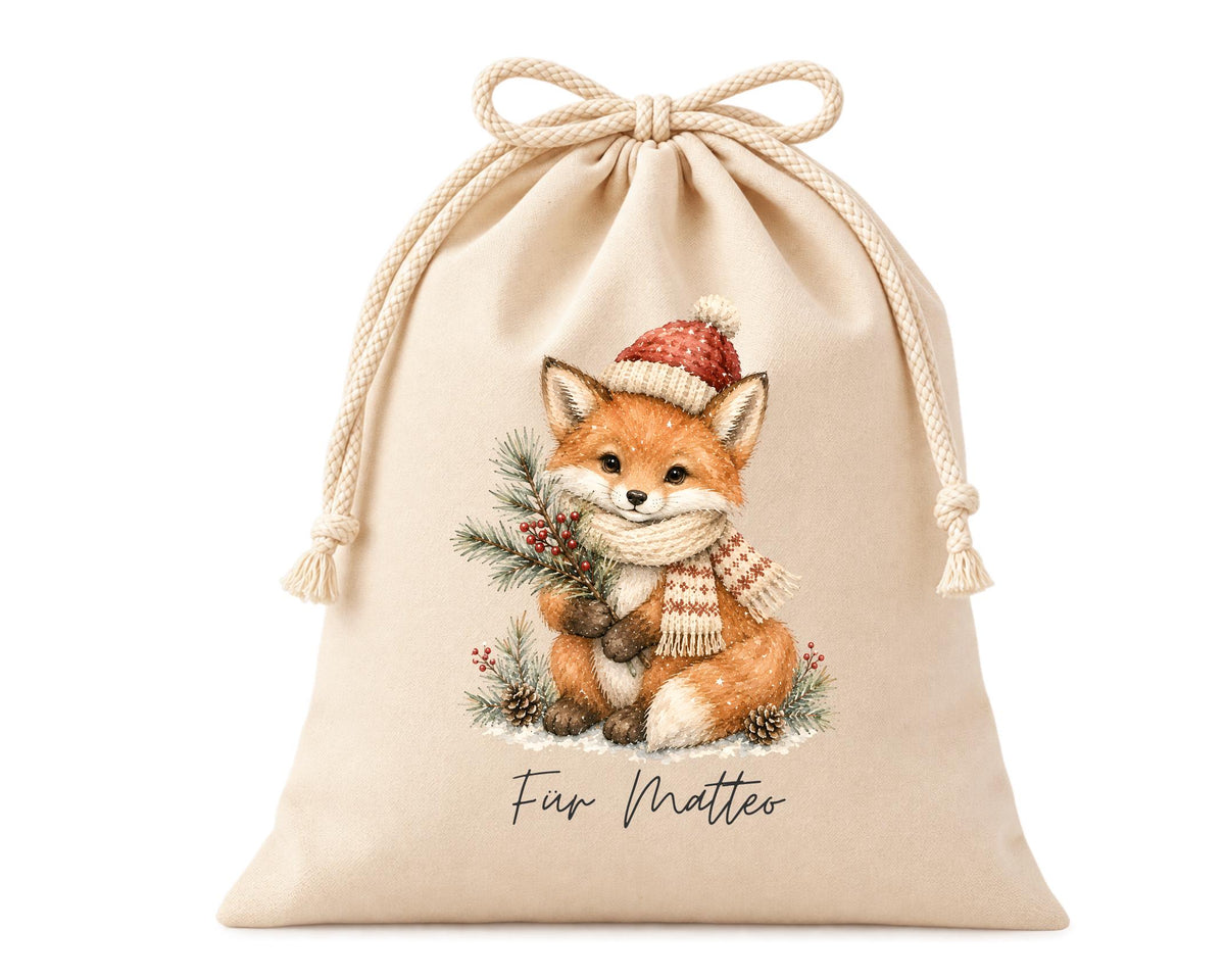 Personalisierter Geschenkbeutel mit weihnachtlichem Tier-Motiv als Verpackung für Nikolaus, Wichteln, Weihnachten | 3 Größen | 8 Motive