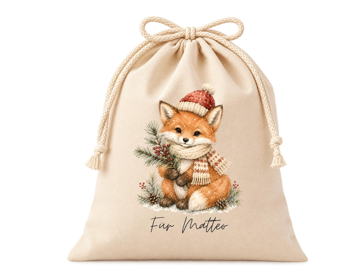 Personalisierter Geschenkbeutel mit weihnachtlichem Tier-Motiv als Verpackung für Nikolaus, Wichteln, Weihnachten | 3 Größen | 8 Motive