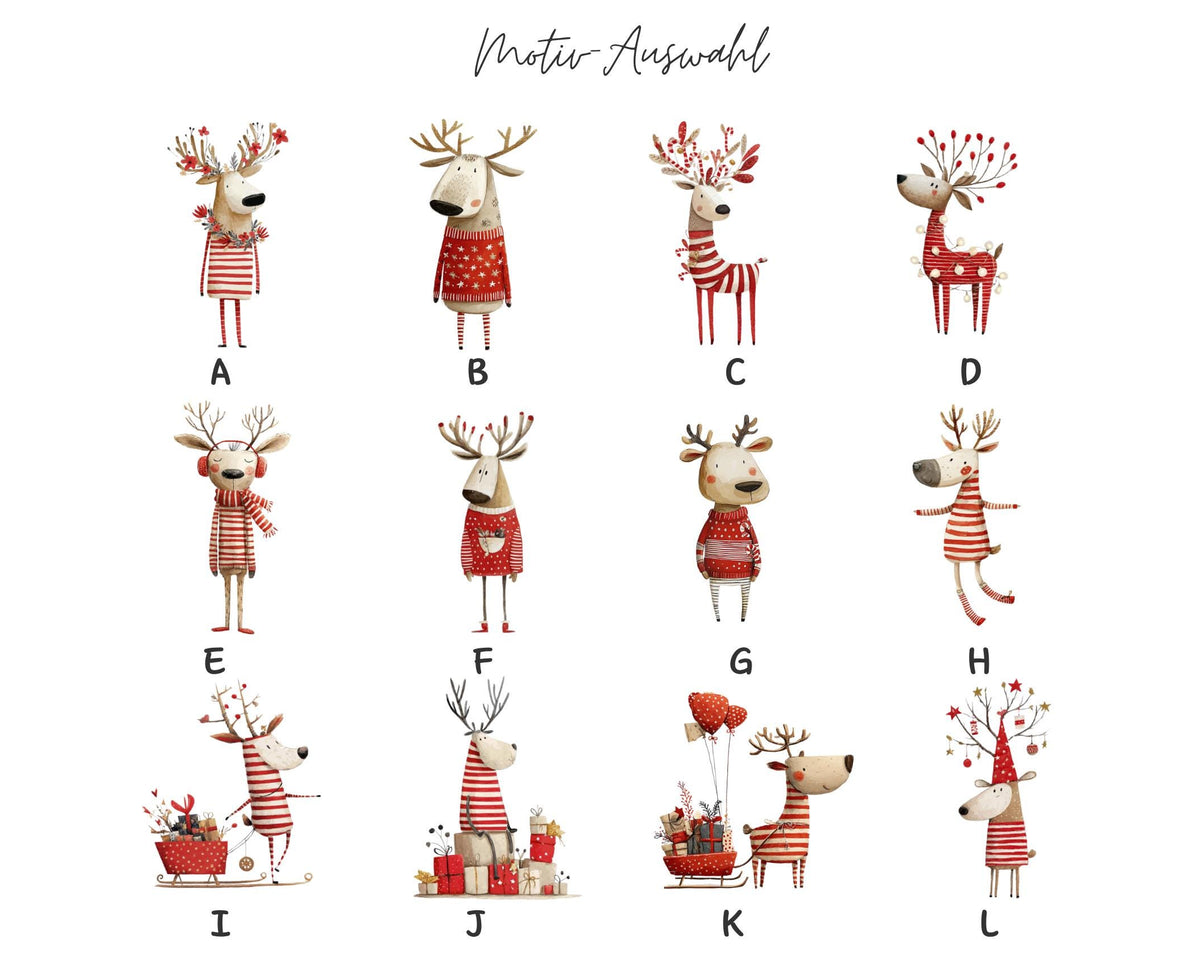 Personalisierter Geschenkbeutel mit Rentier-Motiv als Verpackung für Nikolaus, Wichteln, Weihnachten | 3 Größen | 12 Motive