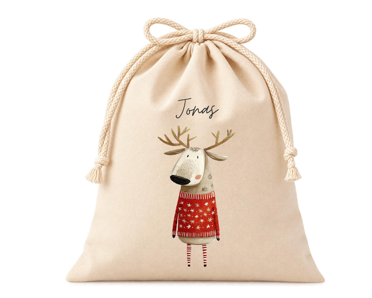 Personalisierter Geschenkbeutel mit Rentier-Motiv als Verpackung für Nikolaus, Wichteln, Weihnachten | 3 Größen | 12 Motive