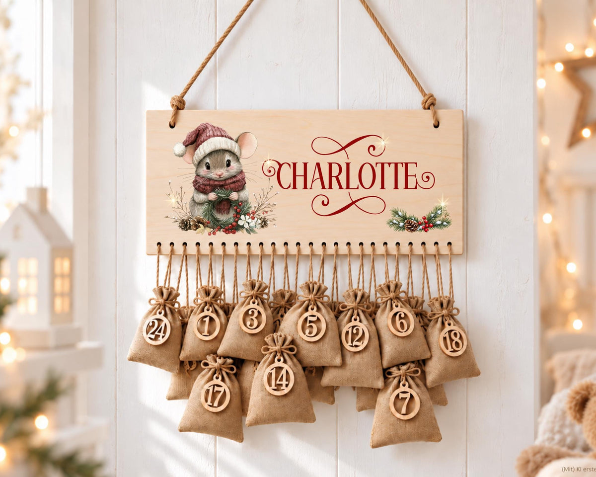 Personalisierbarer Adventskalender aus Holz | mit niedlichen Weihnachts-Mäusen – wiederverwendbar & liebevoll befüllbar