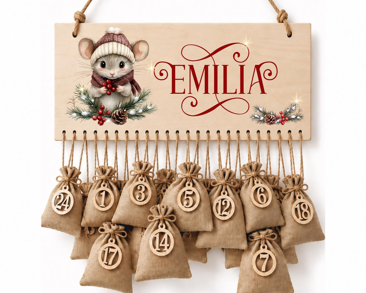 Personalisierbarer Adventskalender aus Holz | mit niedlichen Weihnachts-Mäusen – wiederverwendbar & liebevoll befüllbar