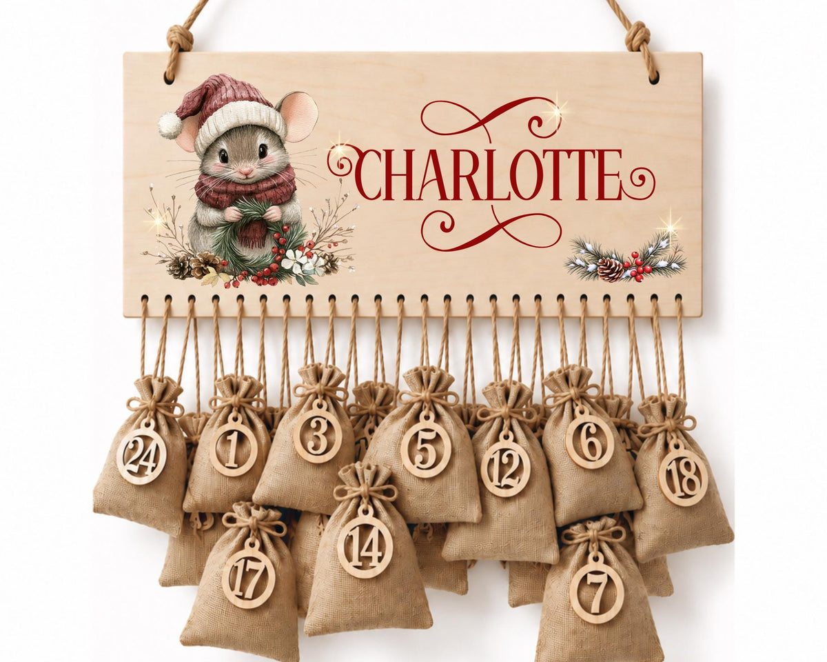 Personalisierbarer Adventskalender aus Holz | mit niedlichen Weihnachts-Mäusen – wiederverwendbar & liebevoll befüllbar