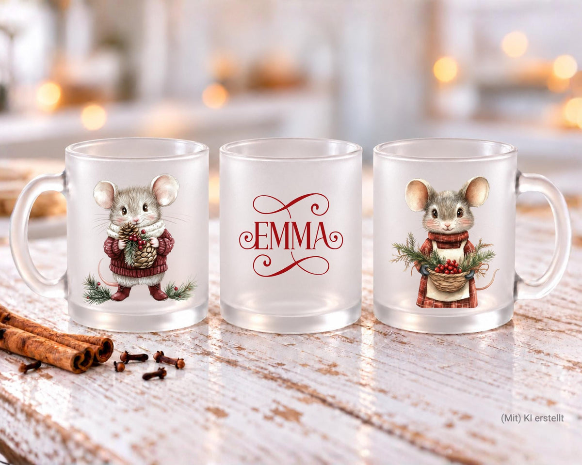 Personalisierte satinierte Glastasse | niedliche Mäuse und dein Name | Teetasse | 24 Motive zur Auswahl