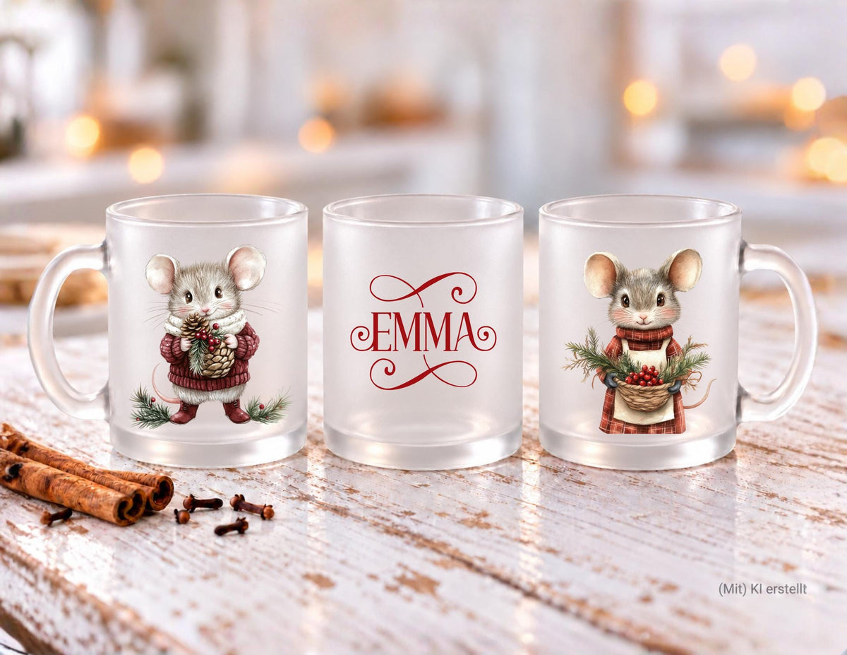 Personalisierte satinierte Glastasse | niedliche Mäuse und dein Name | Teetasse | 24 Motive zur Auswahl