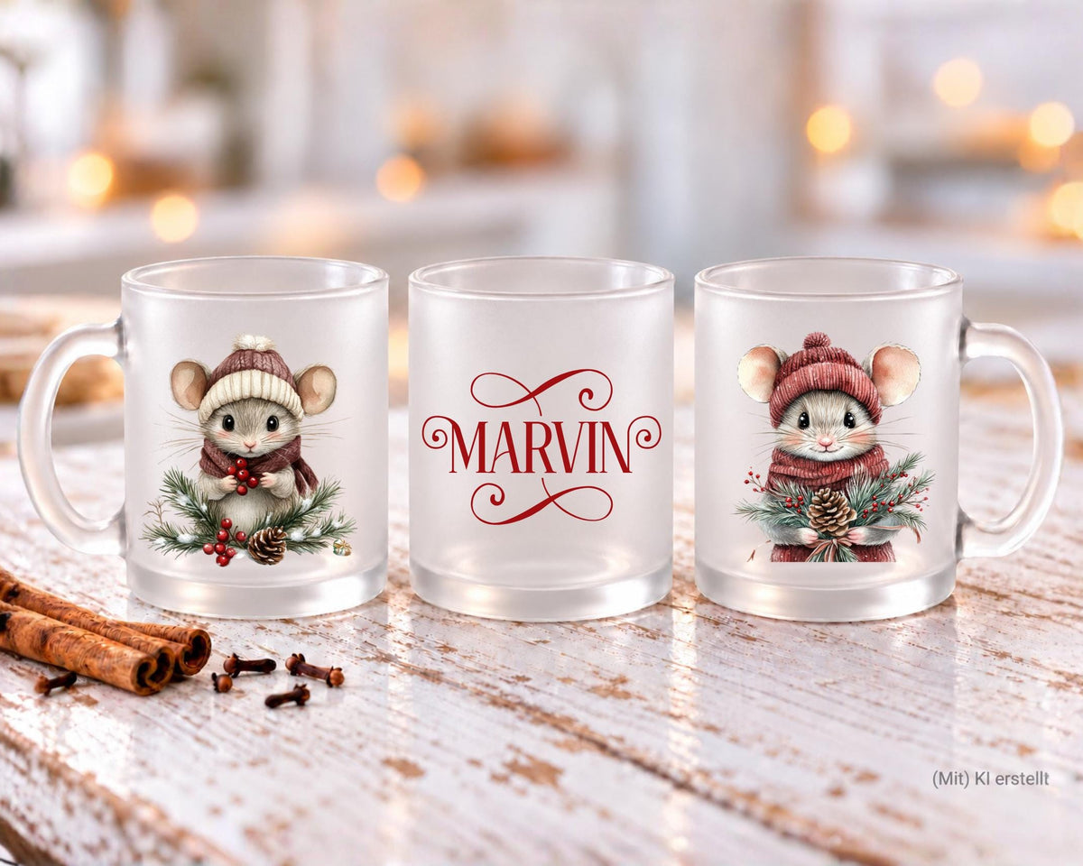 Personalisierte satinierte Glastasse | niedliche Mäuse und dein Name | Teetasse | 24 Motive zur Auswahl