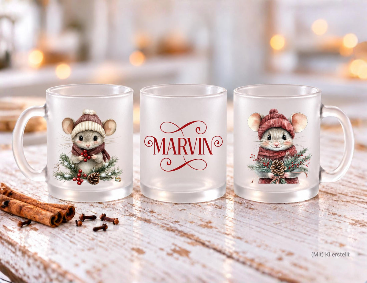 Personalisierte satinierte Glastasse | niedliche Mäuse und dein Name | Teetasse | 24 Motive zur Auswahl